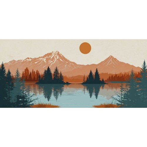 Pintura Boho Chic Ilustración De Paisaje Montañas Reflejadas En El Lago Al Atard - Imagen 2 de 6