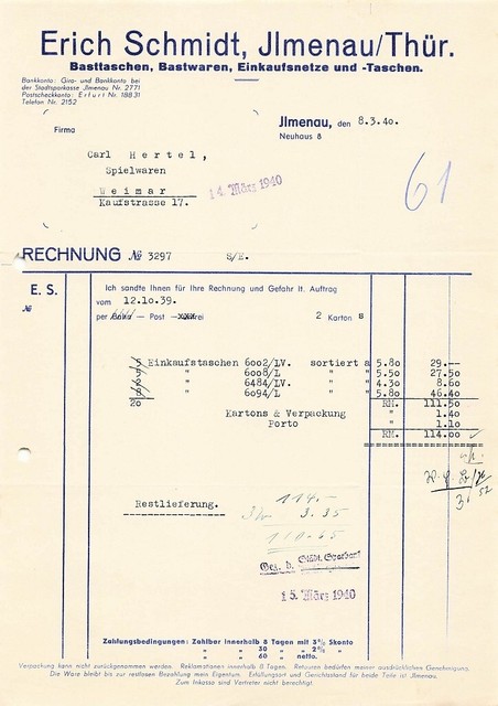 alte Rechnung Quittung 1940 ERICH SCHMIDT Ilmenau Thüringen Wasserzeichen Bast alte Rechnung Quittung 1940 ERICH SCHMIDT Ilmenau Thüringen Wasserzeichen Bast