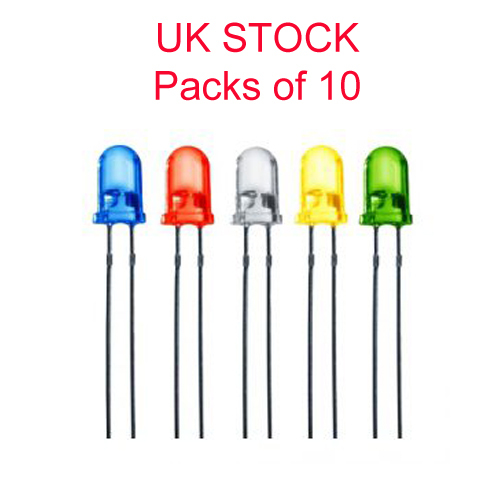 LEDs 5mm Red,Yellow, Green, Blue, White Packs of 10 Full Data Sheet - Picture 1 of 1