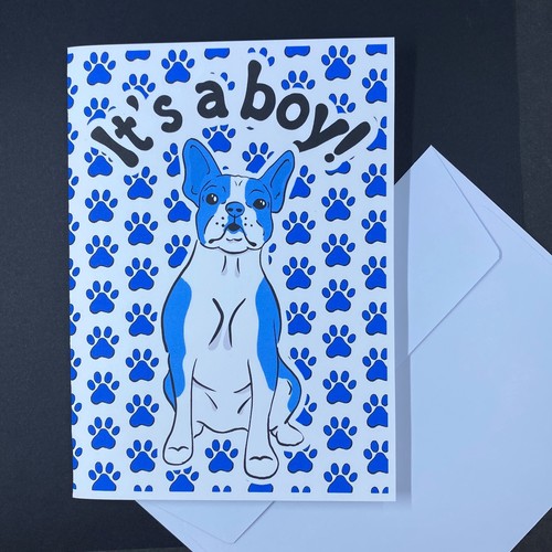 Boston Terrier Dog Its a Boy Announcement Card Handmade Baby Shower Gift 5x7" - Picture 2 of 5