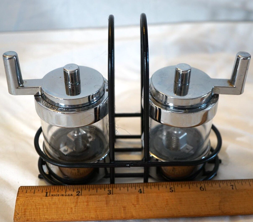 WILLIAM BOUNDS SET/ 2 SALT & PEPPER GRINDERS ACRYLIC & CHROME W/BLACK CARRIER - Picture 22 of 24