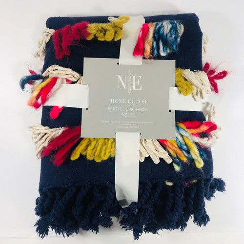 Multi Color Fringed Throw Blanket 50" X 70" Blue Holiday Gift Noble Excellence - Picture 1 of 8