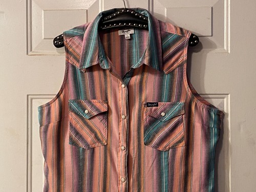 Wrangler Retro Damen Gr. L Shirt Druckknopf ärmellos mehrfarbig gestreift Taschen - Bild 2 von 8