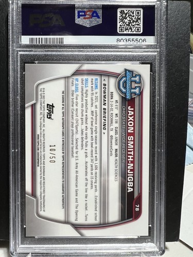 JAXON SMITH-NJIGBA RC AUTO 2022 Bowman U Chrome GOLD REF /50 PSA NM-MT - Picture 3 of 3