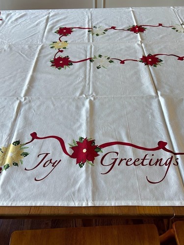 Christmas White with Poinsettias Oblong Tablecloth Noel Peace Miracle Joy - Picture 4 of 9