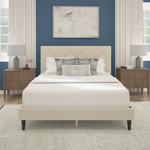 Cama Queen Con Plataforma Tapizada Cabecera Estilo Capitoné En Forma De Diamante - Picture 5 of 12