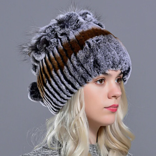 Echt Kaninchenfell Mütze Pompon Damen Wintermütze Mit Bommel Beanie Strickmütze - Bild 9 von 9