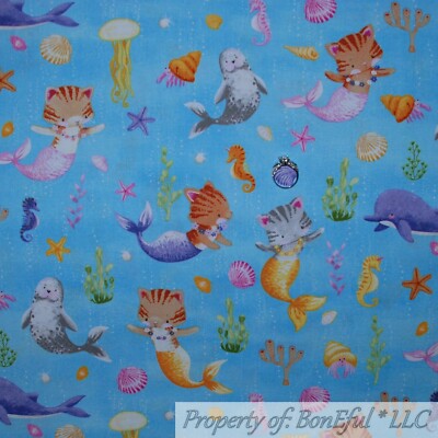 BonEful FABRIC FQ Cotton Quilt Tan Red Crab Lobster Sea Turtle Horse Fish Ocean