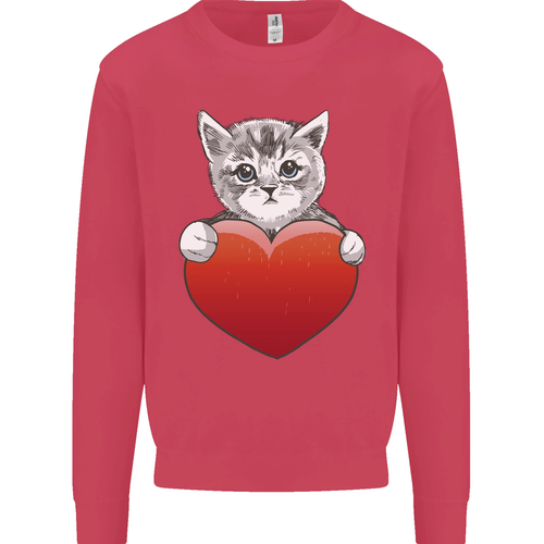 a Cute Cat With a Heart Love Valentines Day Kids Sweatshirt Jumper - Picture 50 of 97