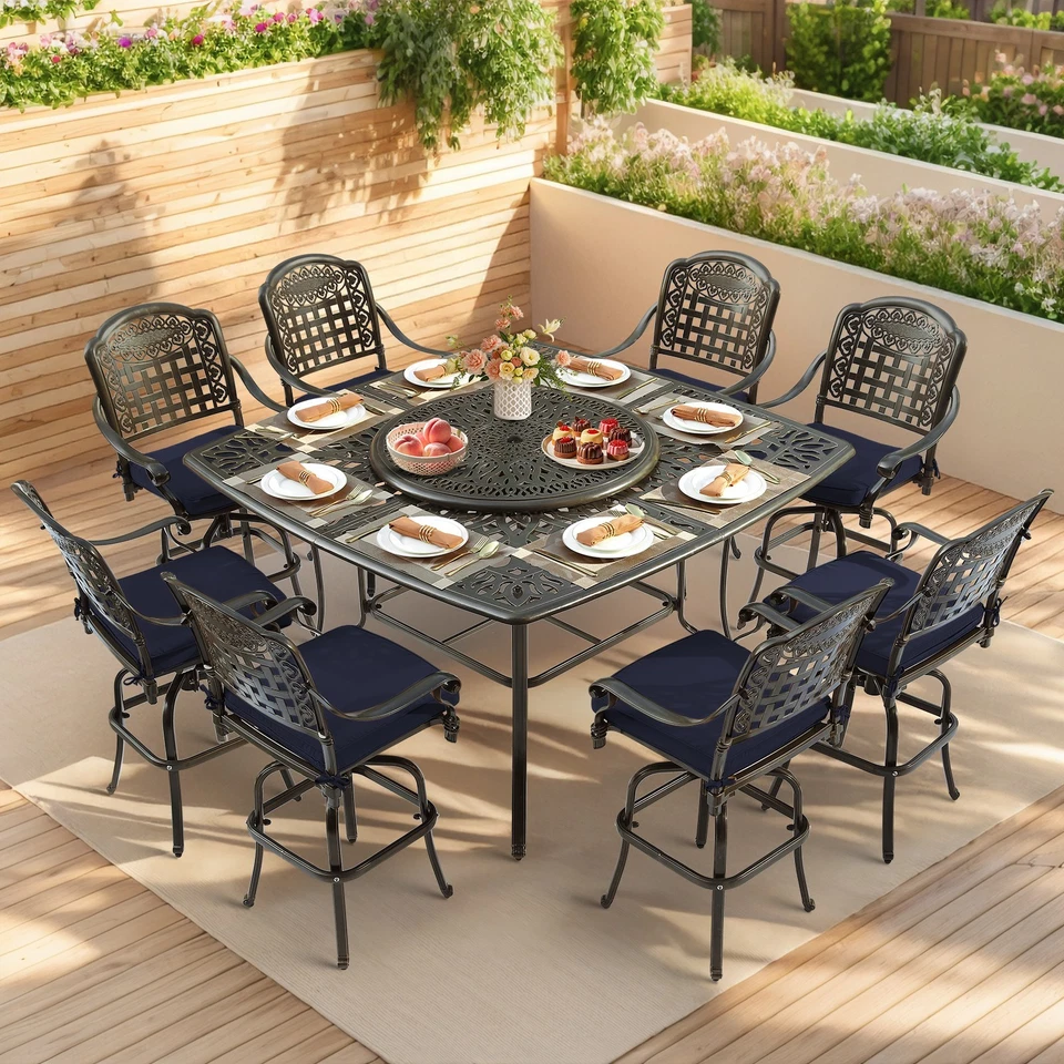 Juego de 10 piezas de taburetes de bar y mesa de comedor giratorios grandes para exteriores con Lazy Susan Foto 3 de 4