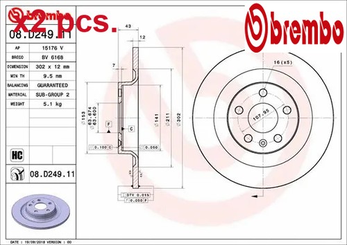 X2 STÜCK BREMSSCHEIBENSATZ HINTEN LINKS & RECHTS 08.D249.11 BREMBO I