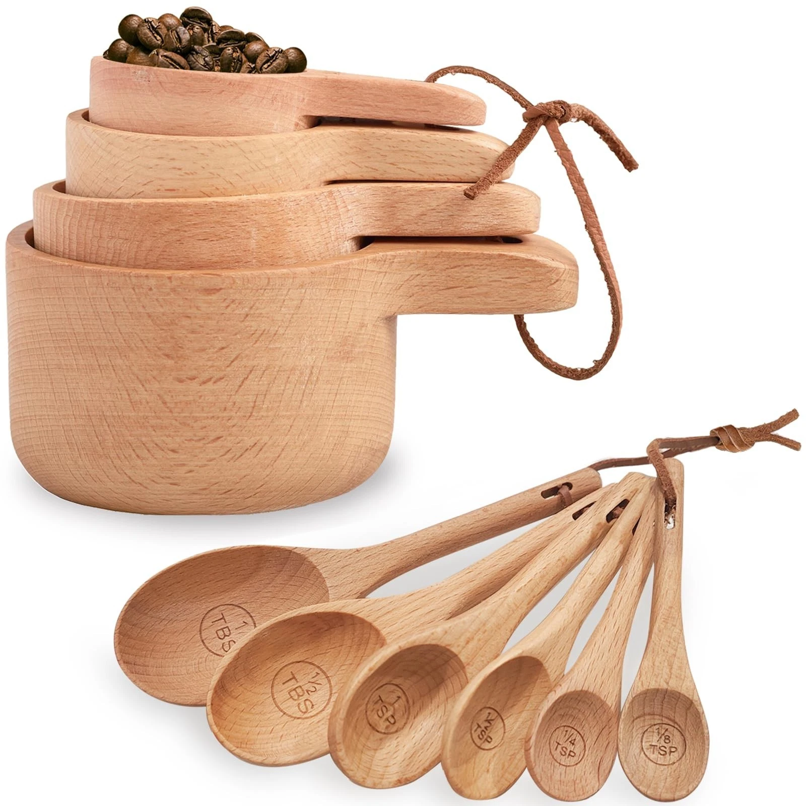 10 Piece Measuring Cups and Measuring Spoons Set, Handcrafted Wood Measuring ...