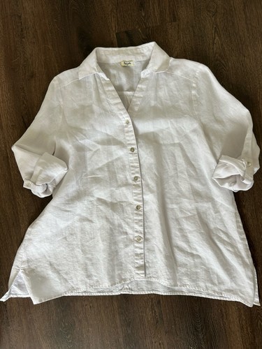 Sympli weiße Leinen Button Down Tunika Top Baggy S/M Langarm Küste Oma - Bild 1 von 6