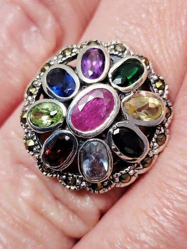 Multi-Stone Emerald Ruby Sapphire Marcasite Ring Size 7.5 925 Sterling Silver - Picture 3 of 13