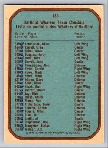 1979-80 O-PEE-CHEE HOCKEY HARTFORD WHALERS HARTFORD WHALERS #163 - Bild 2 von 2