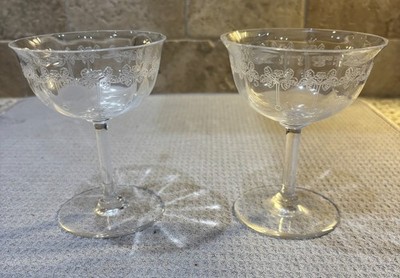 Pair of Vintage Etched Crystal Cocktail Coupe Glass