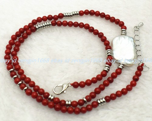 Small Natural 4mm Red Coral White Baroque Pearl Gems Round Bead Necklace 16-24in - Picture 3 of 12