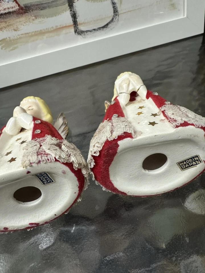 Vintage Angels Ceramic Christmas Figurines Pair Felt Robes & Lace Gold Stars C1 - Image 2 of 4