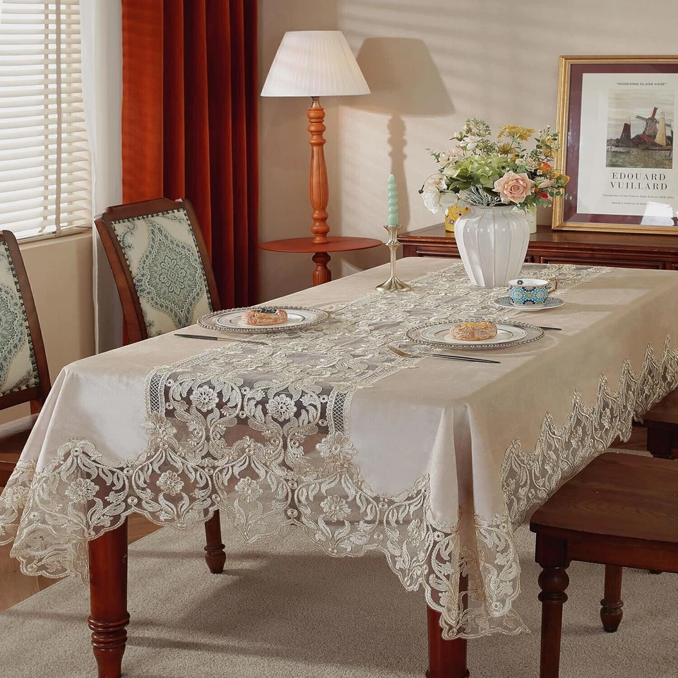 Vintage Embroidered Lace Tablecloth Square Rectangle Table Cover Wedding Party - Image 2 of 4