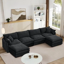 130.7'' Modular Sectional Sofa w/ Ottoman, 4-Seater Chenille Couch Set, Black
