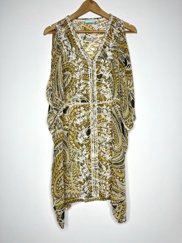 Blue Illusion Size 3 18-20 Women's Top 100% Silk Sheer Yellow Paisley Tunic - Picture 13 of 14