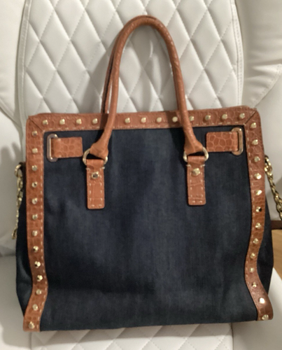 Michael Kors Hamilton Croco Leather Denim Blue and Studded Tote Shoulder Bag WOW - Picture 2 of 11