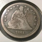 United States 1861 Silver Seated Liberty Quarter Civil War Date - Nice Patina!