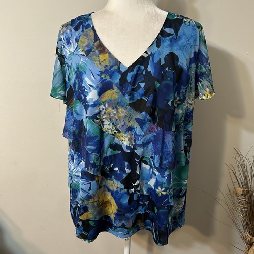 Dressbarn blau Blumen Bluse Top Damen Kurzarm Rüschen vorne gefüttert V-Ausschnitt 1X