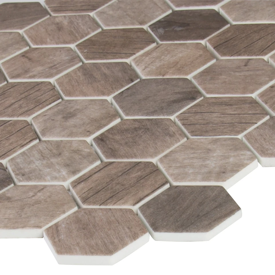 Azulejo de vidrio hexagonal de madera a la deriva para salpicadero de cocina, azulejo de pared para baño,... Foto 3 de 4