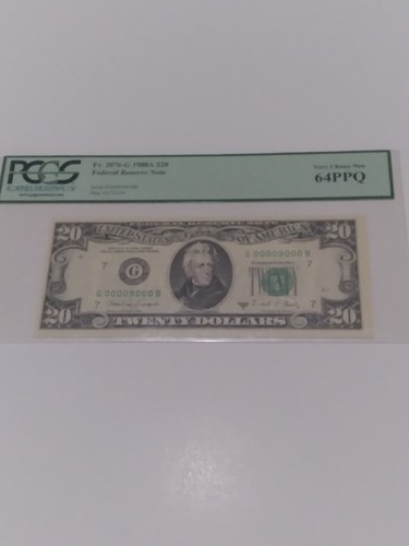 Billete de la Reserva Federal 1988A $20 número de serie 00009000 PCGS 64PPQ