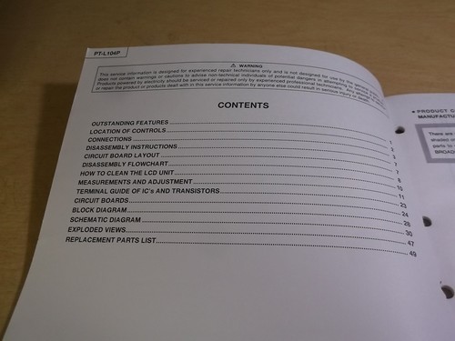 Panasonic PT-L104P LCD Projection Panel Service Manual *FREE SHIPPING* - Picture 2 of 3