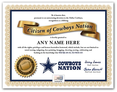 Dallas COWBOYS NATION NFL Football Fan Certificate Diploma Father Dad XMAS GIFT - Picture 2 of 2