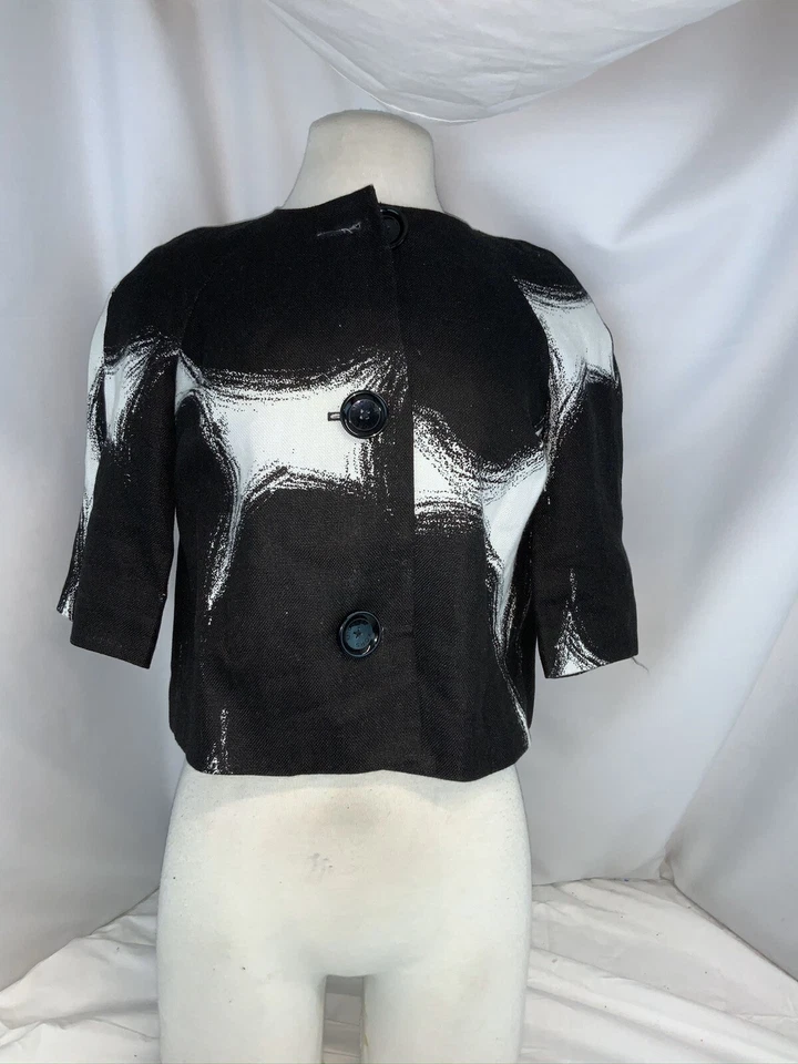 Chaqueta corta blazer Michael Kors para mujer P negra blanca lino 3 botones YGI B0-498 Foto 2 de 4