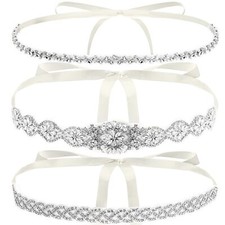 3 Pieces Rhinestone Bridal Belt Silver Crystal Bridal Sash with White Ribbon ...
