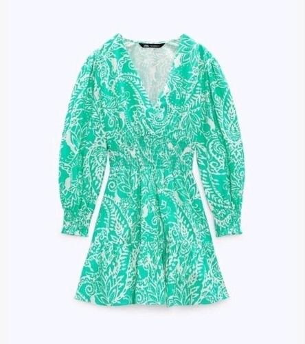 ZARA Green White Linen Blend Printed Floral V Neck Ruffle Hem Mini Dress XS - Picture 2 of 4