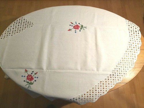 Set Tischdecke 2,60x1,50m + 12 Servietten Baumwolle creme Stickerei Blumen MS116 - Bild 4 von 12