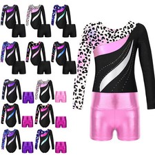 Kids Girls Long Sleeve Leotards with Shorts 2 Pieces Gymnastics Dance Outfit