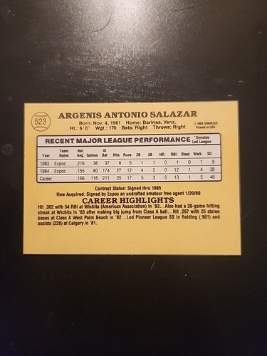 1985 Donruss - #523 Angel Salazar Montreal Expos Baseball Card - Picture 2 of 2