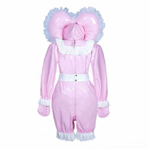 Mädchen Sissy Dienstmädchen Overall abschließbar rosa PVC Strampler Cosplay Kostüme maßgeschneidert - Bild 3 von 4
