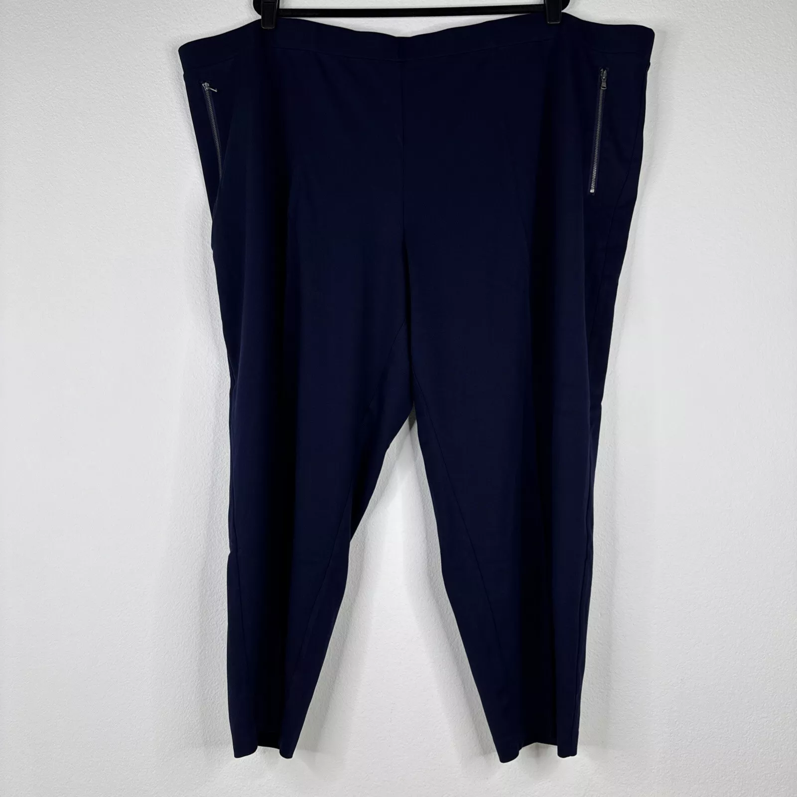 Pantalon Susan Graver Supreme tricot jambes fines fermeture éclair poche détail taille 5XP bleu marine NEUF