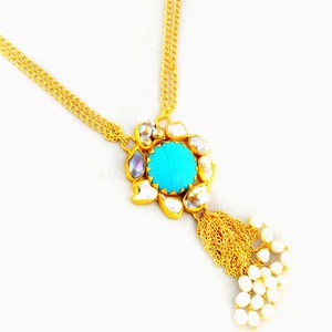 Quality-Jewelry-394-00-Ctw-Turquoise-Pearl-Yellow-Gold-Plate-Necklace-BSNC-5116