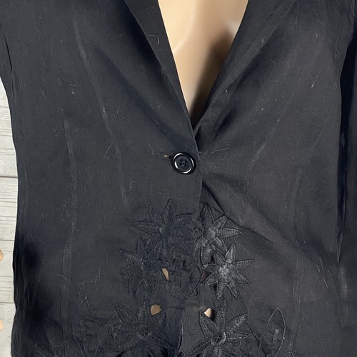 Giacca di lino DKNY taglia 8 tinta unita nera ricamata taglio orlo floreale leggera - Foto 5 di 10