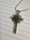 Necklace With Jade Stone Gold Tone Cross Pendant &