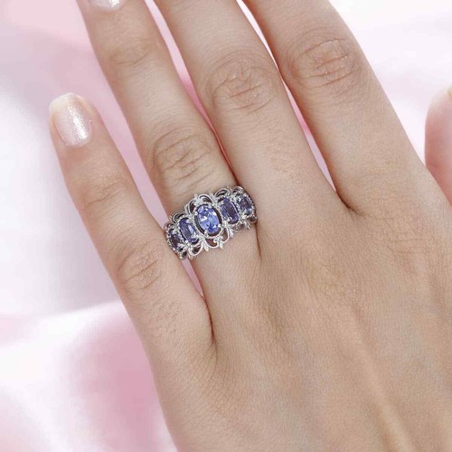 STUNNING!! Tanzanite 5 Stone Ring Platinum Plated 1.20ctw Size 6 - Picture 3 of 6