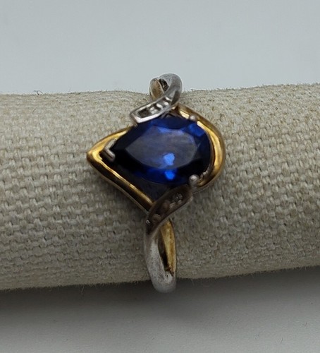 Vintage blaue Träne Birne Stein Sterlingsilber AV 925 10K Gelbgold Ringgröße 7 - Bild 9 von 13