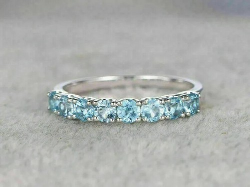 Half Eternity Band 1.6Ct Round Cut Created Blue Aquamarine 14K White Gold Finish - Picture 5 of 5