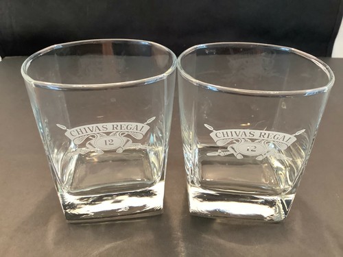 Set of 2 Chivas Regal 12 Rocks Low Ball Glasses 8-oz.White Etched Logo
