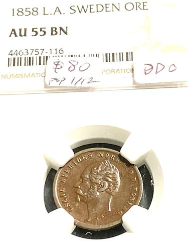 1858 L.A. Sweden 1 Ore NGC AU55 BN, DDO, 3-Year Type, Scratch-Free Holder CHRC