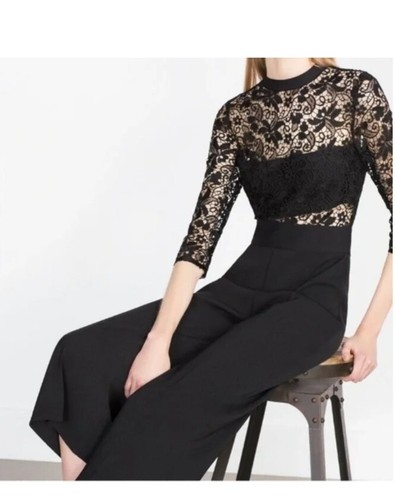 Zara Size S (6-8) Black Lace Jumpsuit Cropped Wide Leg Sheer Bandeau Top Formal - Picture 2 of 17