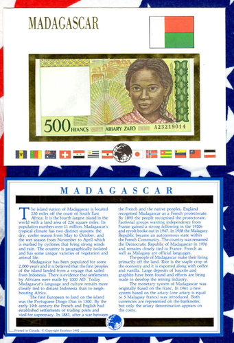 E Banknotes of All Nations Madagascar P-75a 500 Francs 1994 UNC A23219014